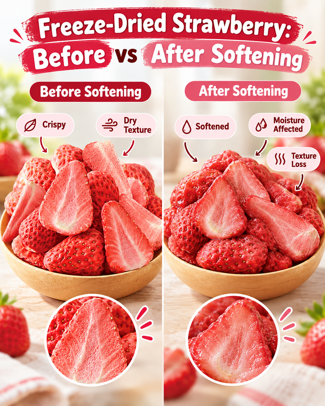 Freeze-dried strawberry before and after softening comparison used to check moisture pickup and crispness loss in coated freeze-dried fruit